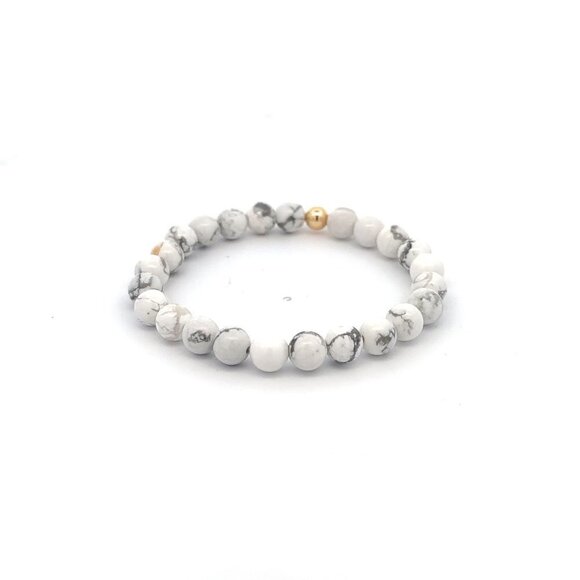 Natural White Howlite Gemstones 6mm Stretchable Bracelet 18k Gold Bead Charm - Picture 3 of 5